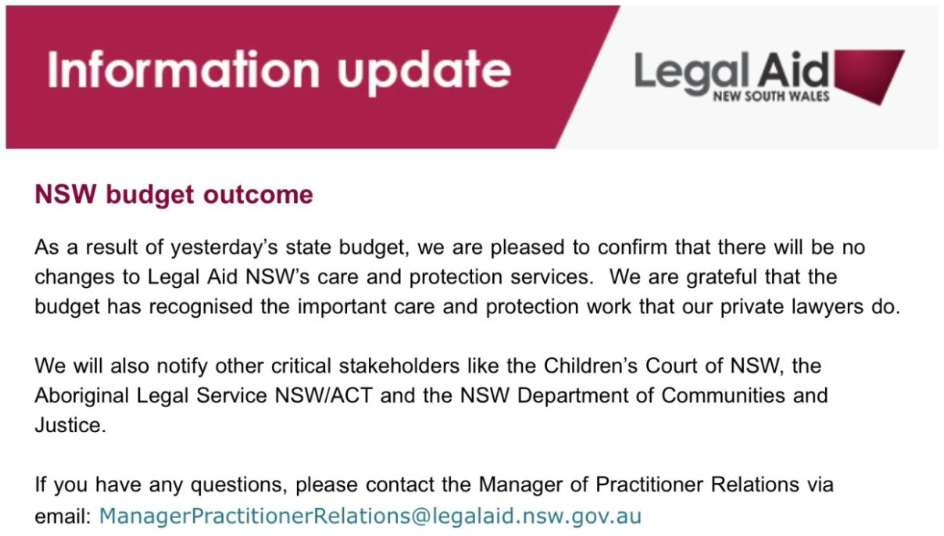 Screenshot of a Legal Aid NSW information update confirming no changes to care and protection services after the NSW Budget.