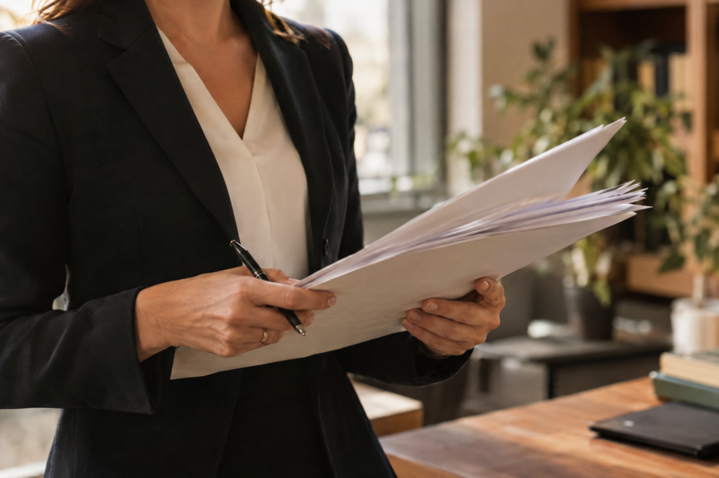 Solicitor in business attire holding and reviewing a stack of court forms in an office