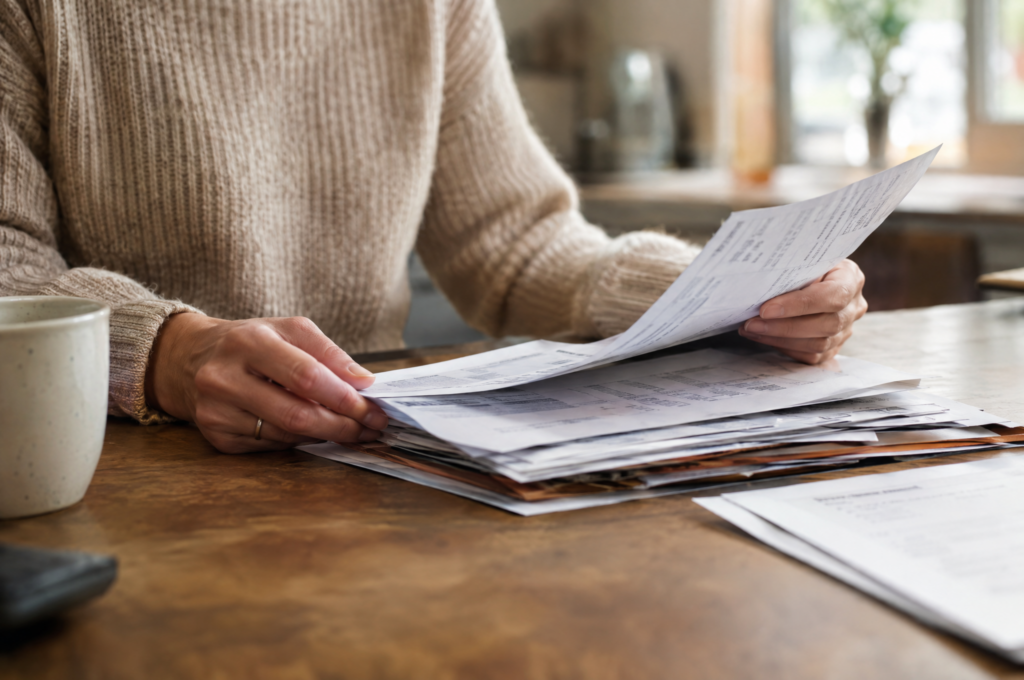 Close-up of hands sorting through household bills and bank statements at a kitchen table